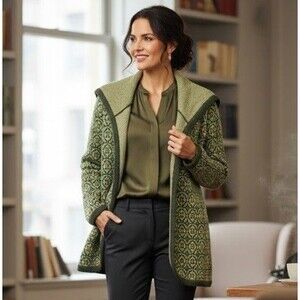 Etro Italian Wool Blend Jacquard Cardigan Jacket Green Size 42 US 10